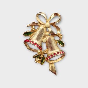 Christmas Bells Brooch Holly Gold Tone Bow Lapel Pin Rhinestones